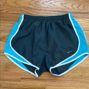 Nike running shorts dark gray, aqua blue, white